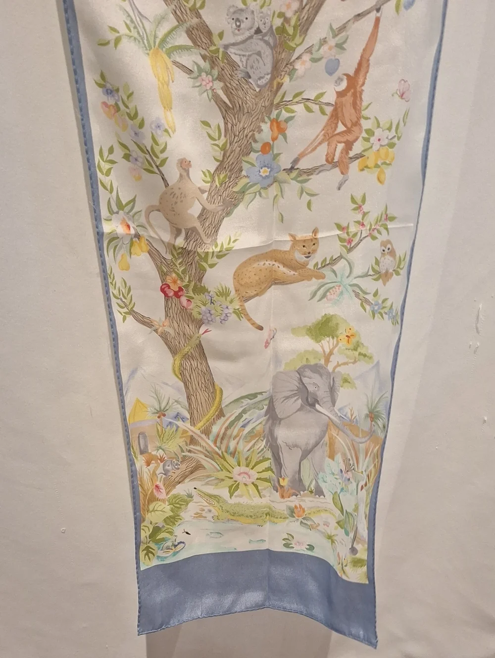 Safari Animals Printed Royal Silk Scarf in Pastel Blue